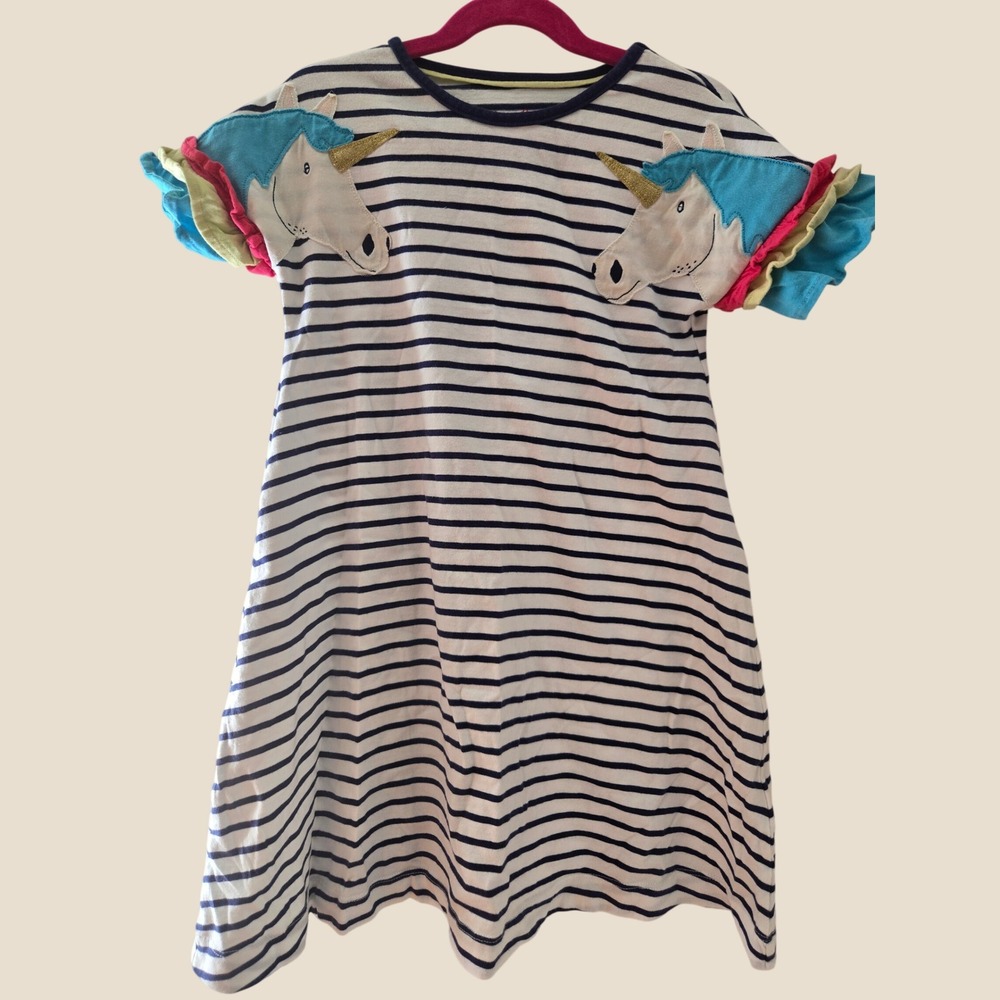 Mini Boden Girls Striped Unicorn Applique Ruffle Sleeve Dress Navy White 7-8Y